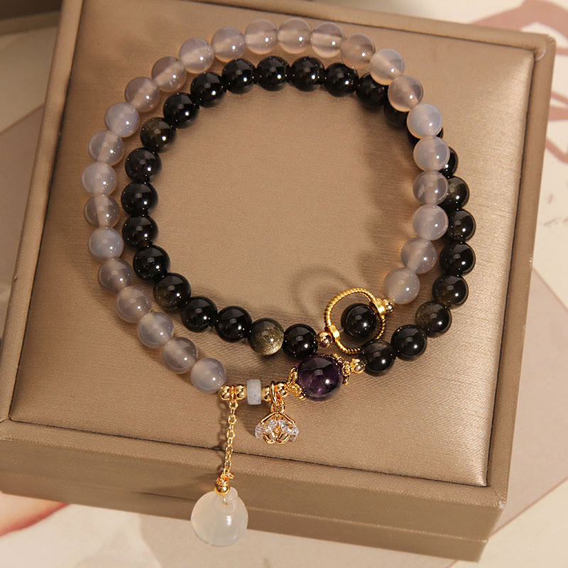 Fortune Jewel Gold Sheen Obsidian Gray Agate Lotus Charm Strengthen Double Wrap Bracelet