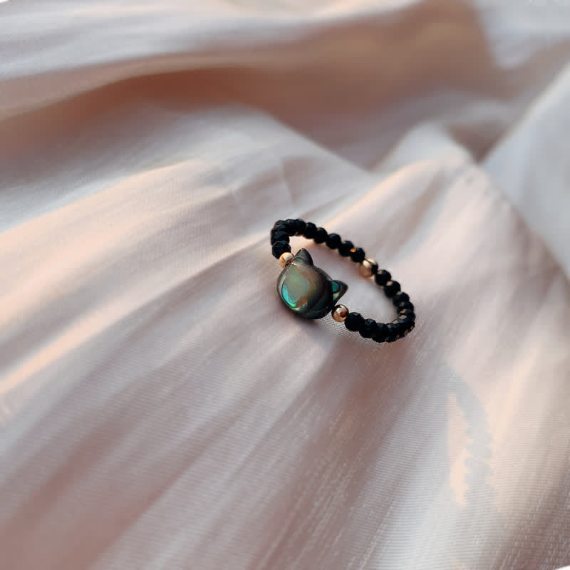 Fortune Jewel Natural Tridacna Stone Lovely Cat 14K Gold Plated Blessing Ring