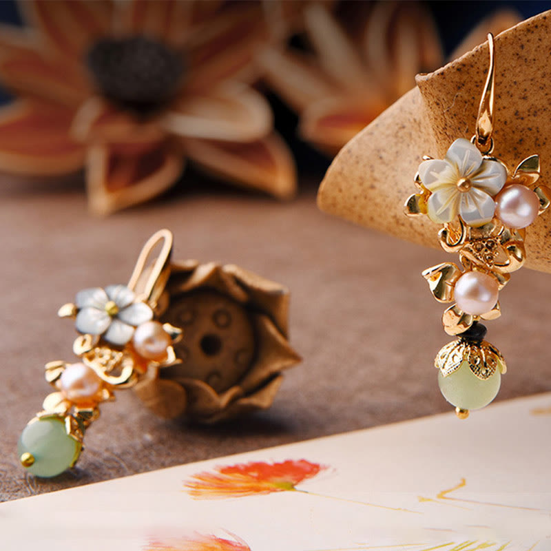 Fortune Jewel 14K Gold Plated Tridacna Stone Flower Pearl Green Aventurine Bead Drop Earrings