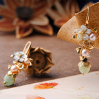 Fortune Jewel 14K Gold Plated Tridacna Stone Flower Pearl Green Aventurine Bead Drop Earrings