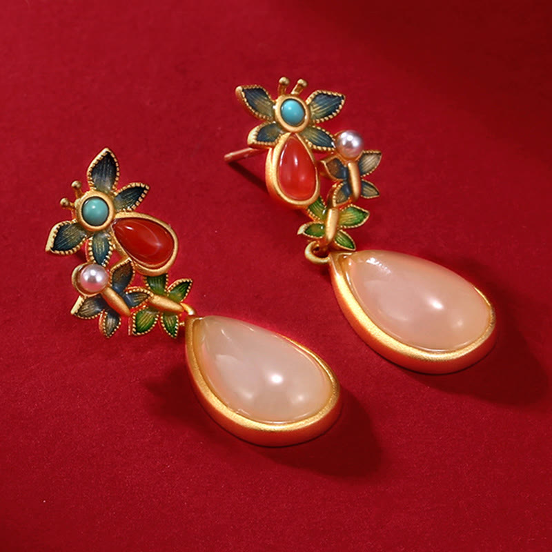 Fortune Jewel Water Drop White Jade Red Agate Butterfly Protection Drop Dangle Earrings