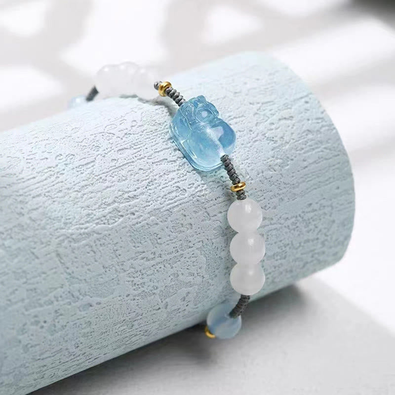 Fortune Jewel Natural Aquamarine PiXiu Hetian White Jade Healing Bracelet