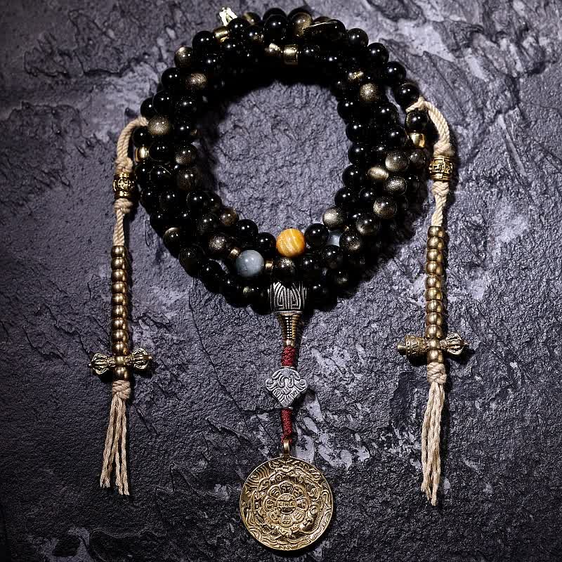 Fortune Jewel 108 Mala Beads Gold Sheen Obsidian Tiger Eye Eagle's Eye Stone Wealth Bracelet