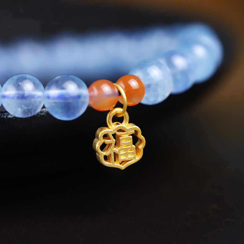 Fortune Jewel Natural Aquamarine Red Agate Healing Charm Bracelet