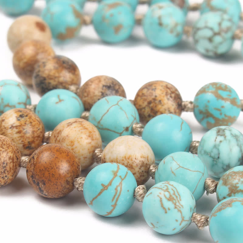 Fortune Jewel 108 Mala Beads Turquoise Picture Jasper Wisdom Tassel Bracelet