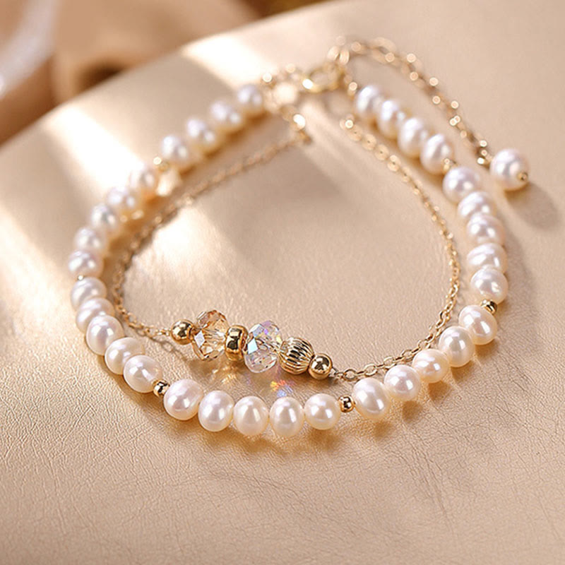 Fortune Jewel 925 Sterling Silver Plated 14k Gold Natural Pearl Crystal Healing Double Layer Bracelet