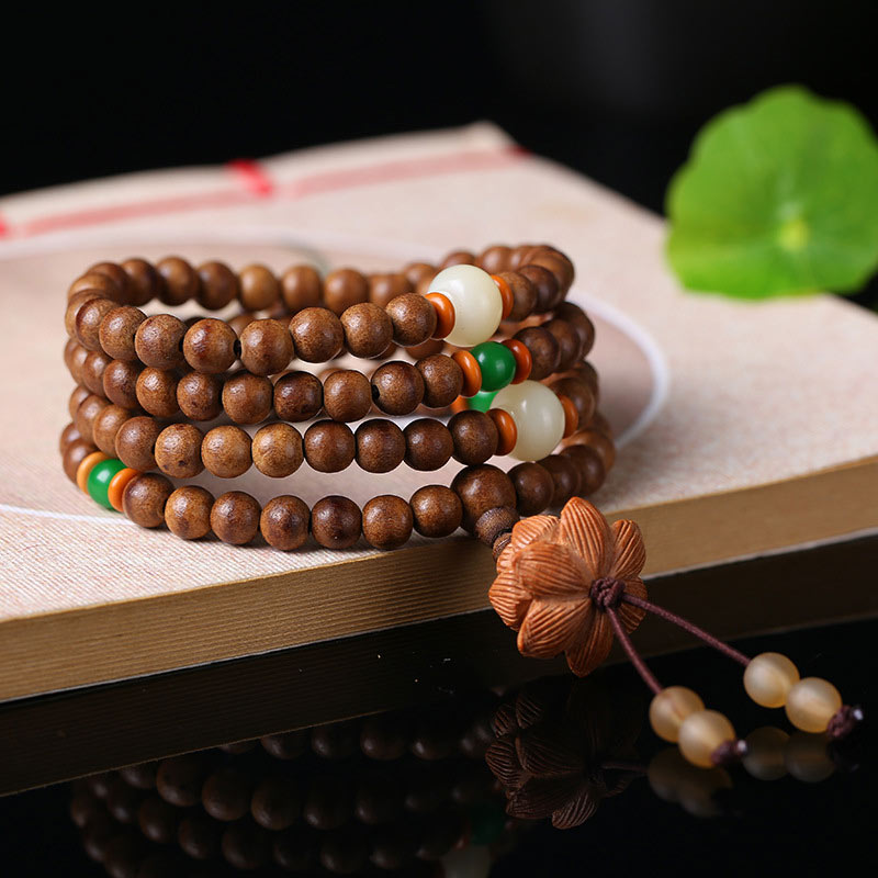 Fortune Jewel 108 Mala Beads Peach Wood Bodhi Seed Lotus Prayer Meditation Bracelet