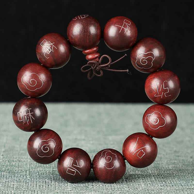 Fortune Jewel 925 Sterling Silver Inlaid Small Leaf Red Sandalwood Om Mani Padme Hum Character Auspicious Clouds Protection Bracelet