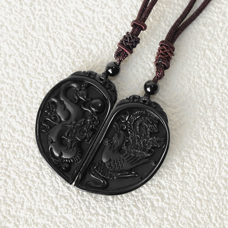 Fortune Jewel Black Obsidian Love Dragon Phoenix Protection Necklace Pendant