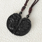 Fortune Jewel Black Obsidian Love Dragon Phoenix Protection Necklace Pendant