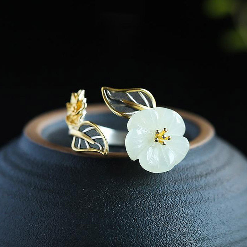 Fortune Jewel 925 Silver Plated Copper White Jade Plum Flower Leaf Luck Ring