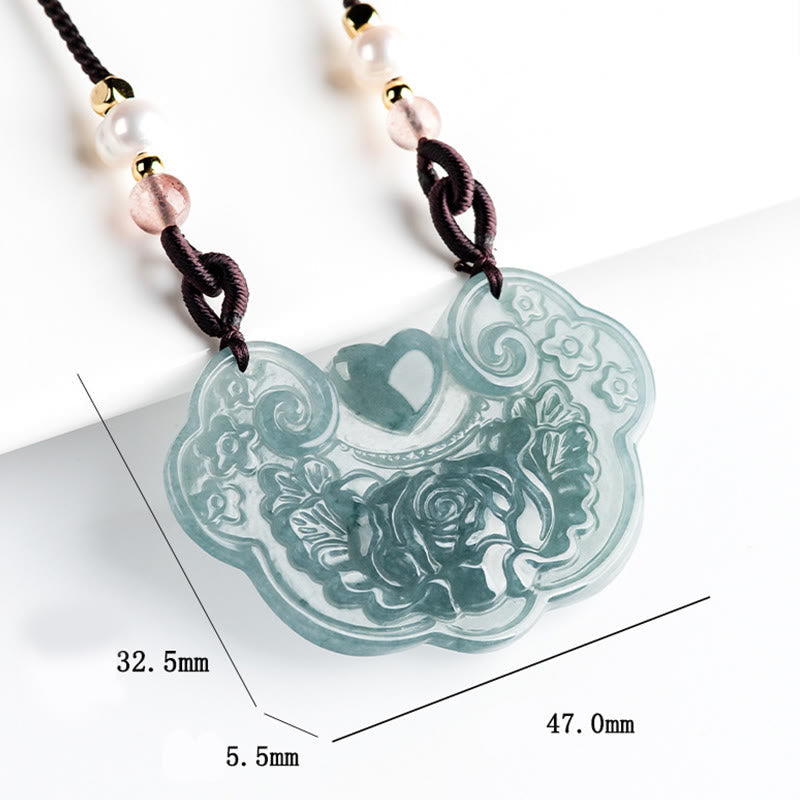 Fortune Jewel Natural Jade Peony Flower Lock of Good Wishes Prosperity Necklace Pendant