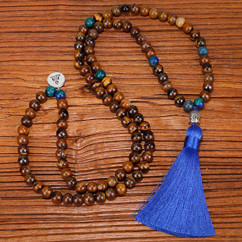Fortune Jewel 108 Mala Beads Tiger Eye Buddha Strength Bracelet Tassel Necklace Pendant