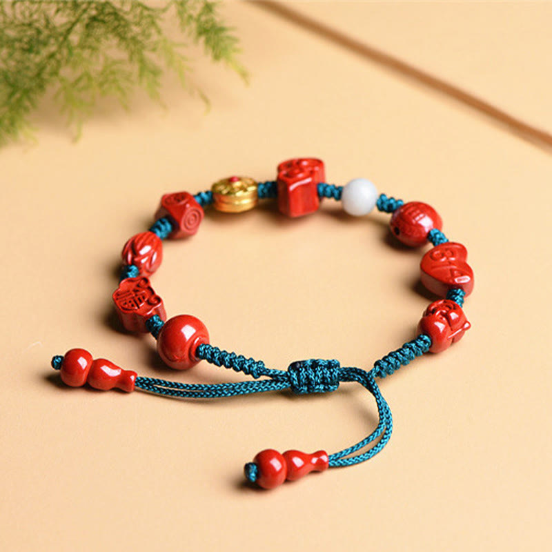 Fortune Jewel Natural Cinnabar Gourd Om Mani Padme Hum Laughing Buddha Blessing String Bracelet