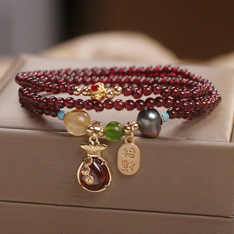 Fortune Jewel Multi Layered Natural Garnet Jade Coin Money Bag Attracting Wealth Protection Bracelet