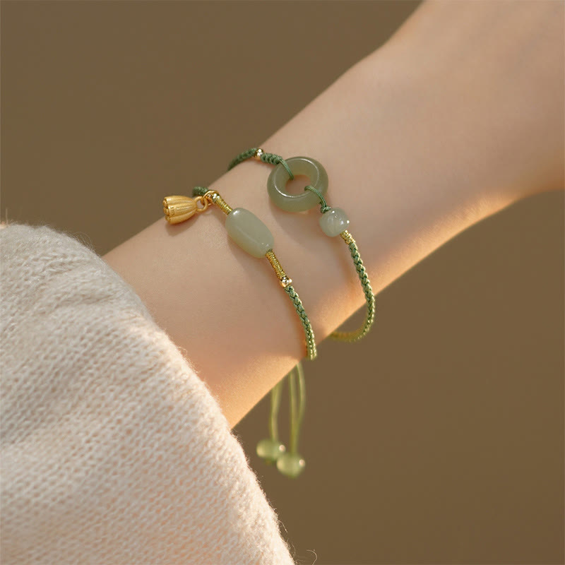 Fortune Jewel Lotus Jade Peace Buckle Bead Luck Happiness Charm String Bracelet