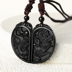Fortune Jewel Black Obsidian Love Dragon Phoenix Protection Necklace Pendant