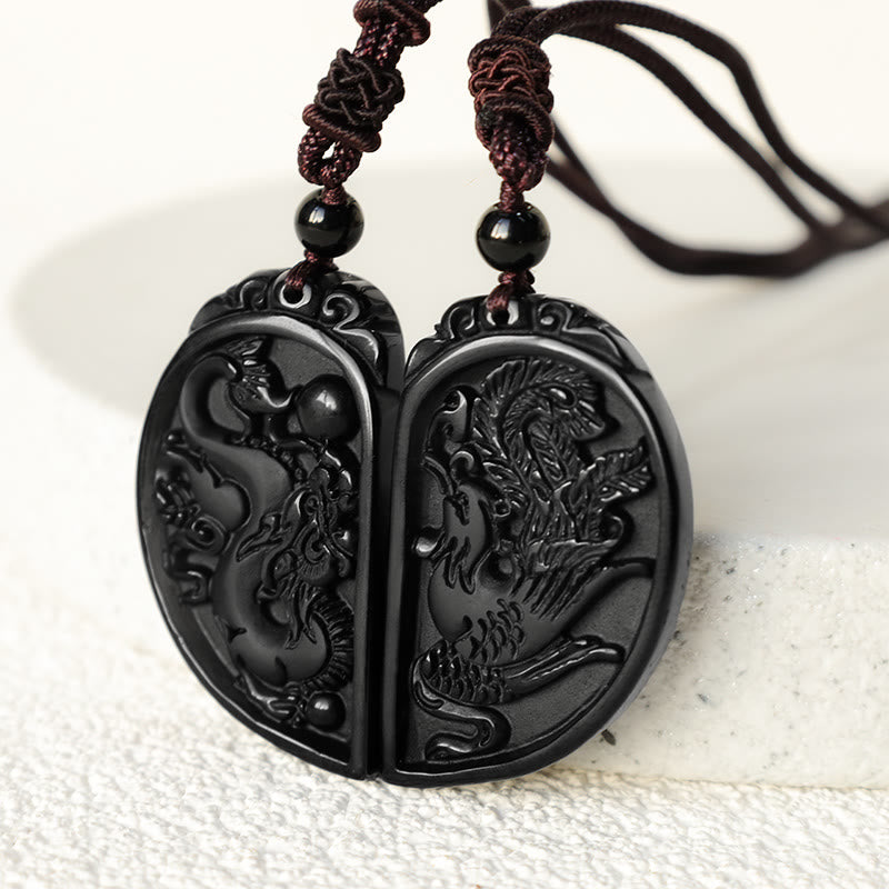 Fortune Jewel Black Obsidian Love Dragon Phoenix Protection Necklace Pendant
