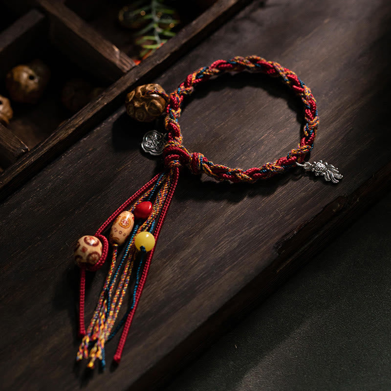Fortune Jewel Tibetan Handmade Colorful Thread 925 Sterling Silver Koi Fish Protection Strength String Bracelet