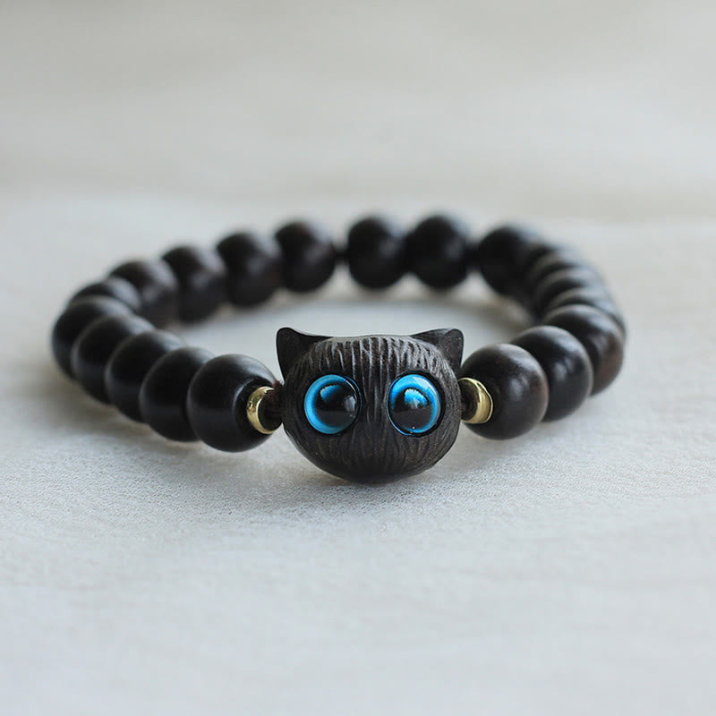 Fortune Jewel Ebony Wood Green Sandalwood Cute Cat Peace Bracelet