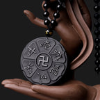 Fortune Jewel Natural Black Obsidian Tibetan Om Mani Padme Hum Buddha Swastika Luck Necklace Pendant