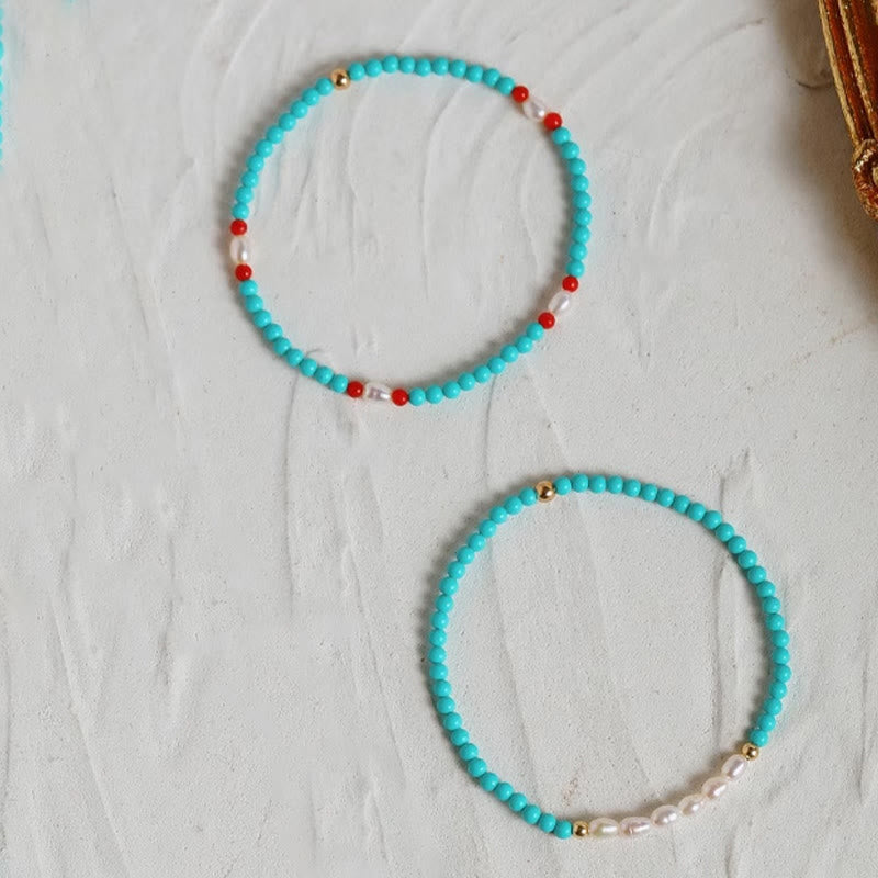 Fortune Jewel Turquoise Red Agate Pearl Small Beaded Protection Bracelet