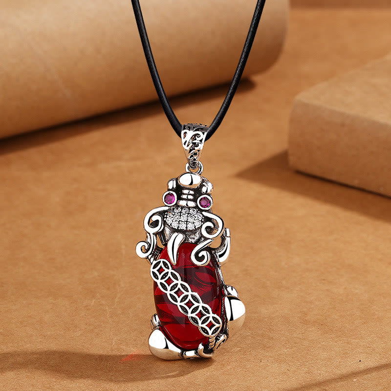 Fortune Jewel PiXiu Garnet Copper Coin Wealth Luck Necklace Pendant