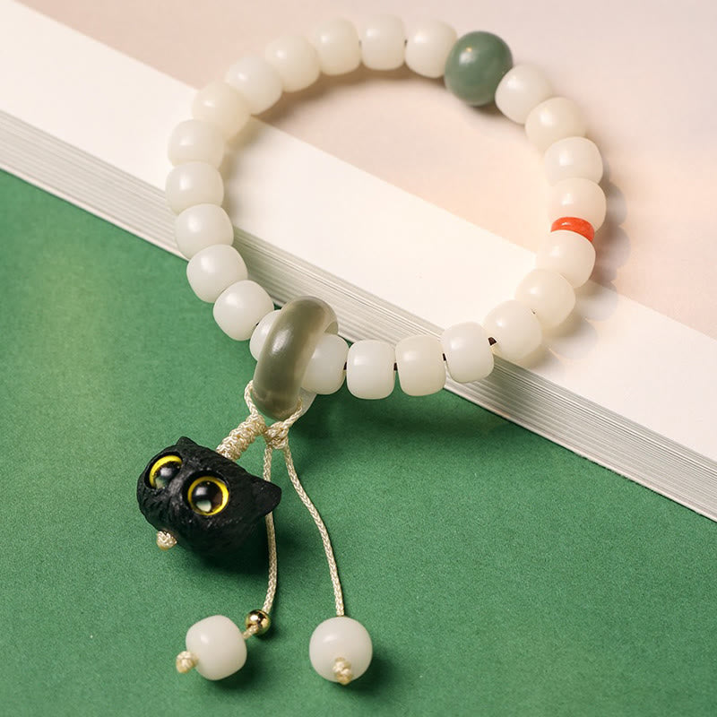 Fortune Jewel Natural Bodhi Seed African Blackwood Lovely Cat Charm Peace Harmony Bracelet