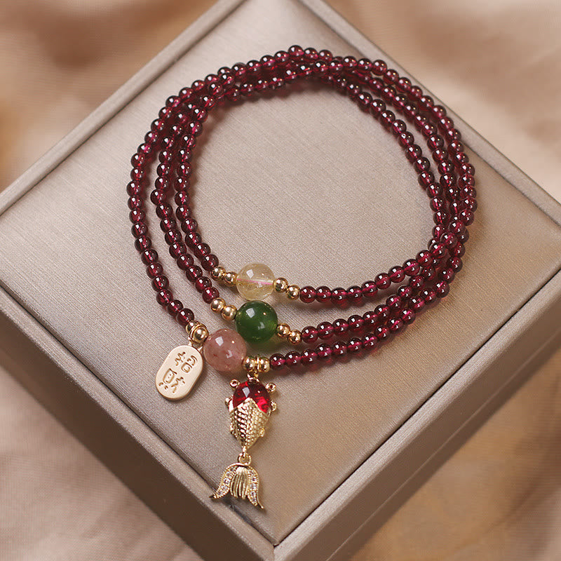 Fortune Jewel Natural Garnet Strawberry Quartz Crystal Fox Koi Fish Peace Buckle Fortune Protection Triple Wrap Bracelet