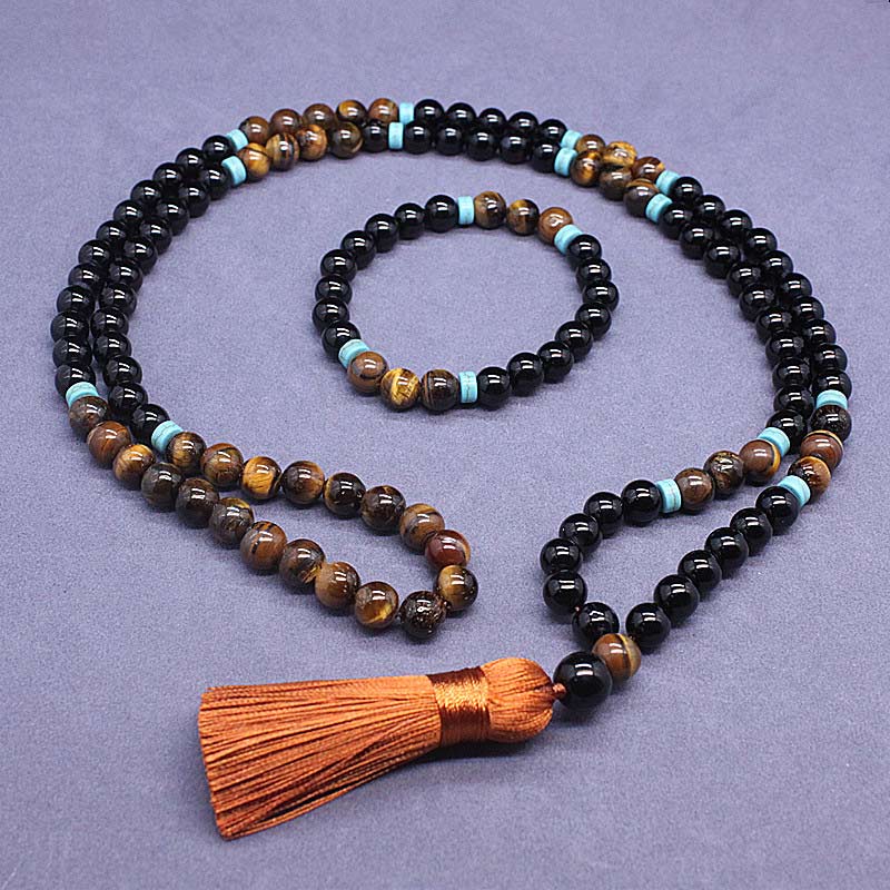 Fortune Jewel Tibetan Black Onyx Peaceful Mala Set