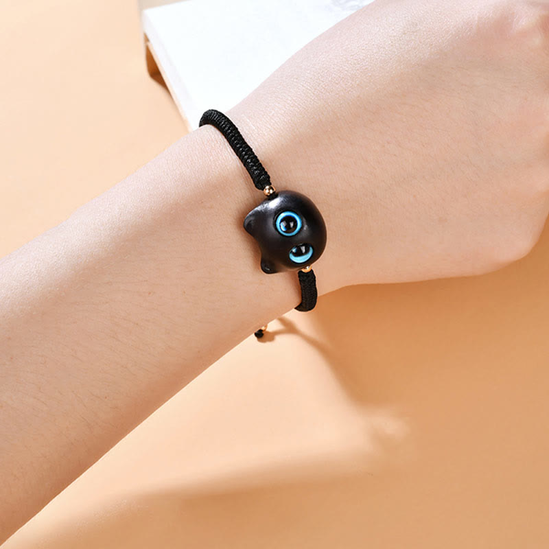 Fortune Jewel Ebony Wood Cat Head Pattern Peace King Kong Knot Braided Bracelet