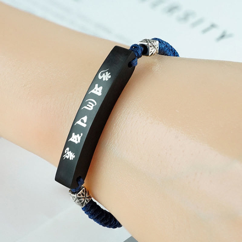 Fortune Jewel Buddhism Six True Words Wood Ebony Wood Silver Inlaid Protection Bracelet
