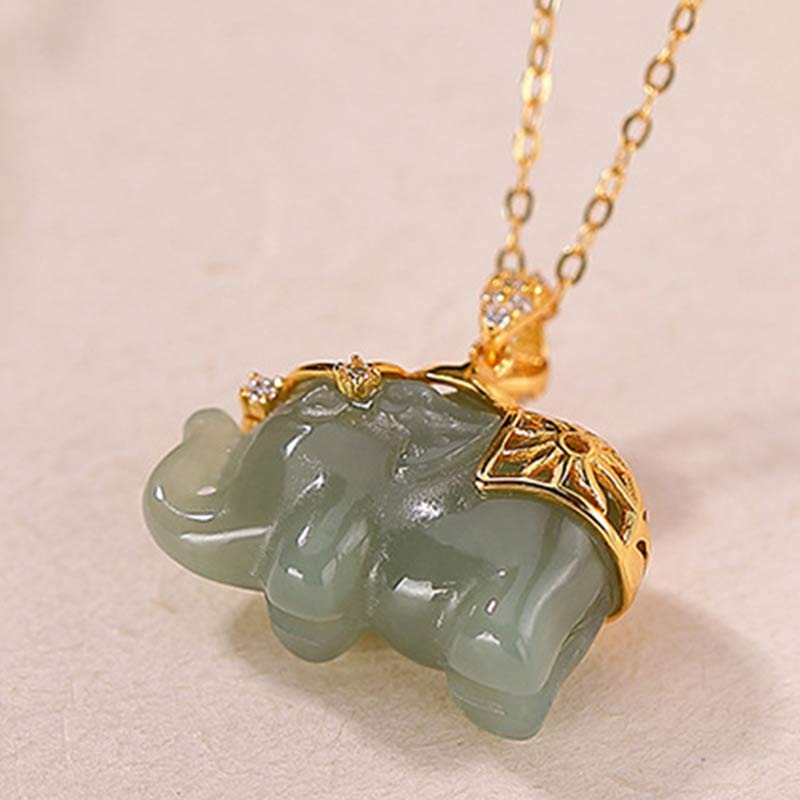 Fortune Jewel 925 Sterling Silver Jade Elephant Blessing Fortune Necklace Chain Pendant
