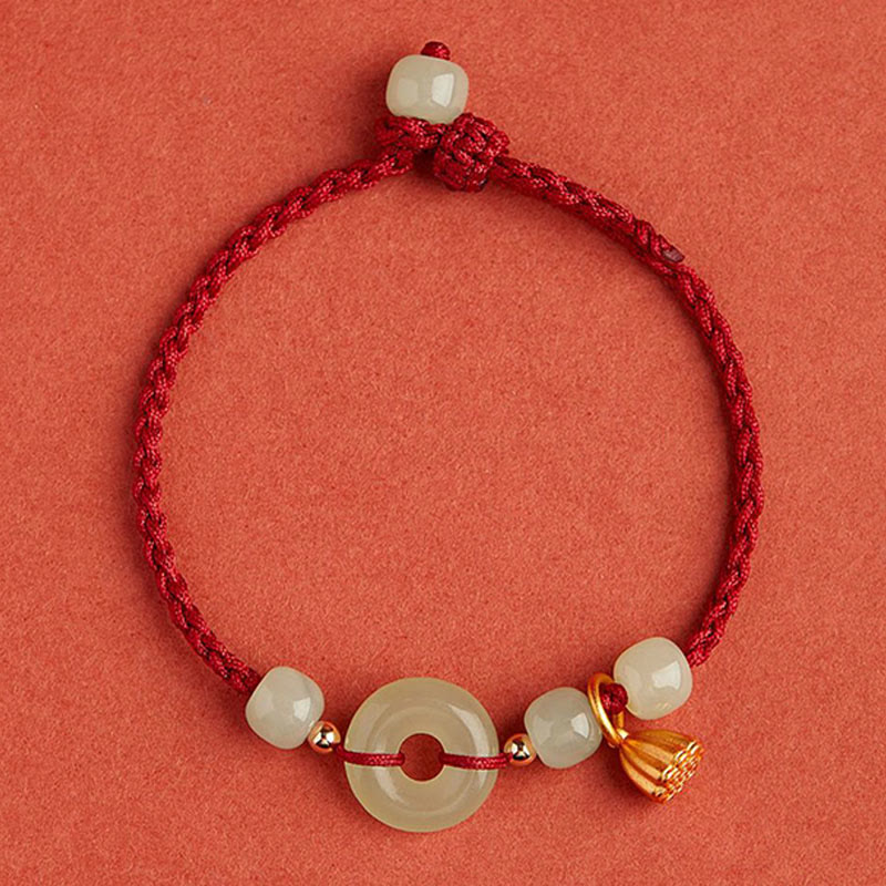 Fortune Jewel Round Peace Buckle Jade Lotus Happiness Abundance Wealth String Bracelet