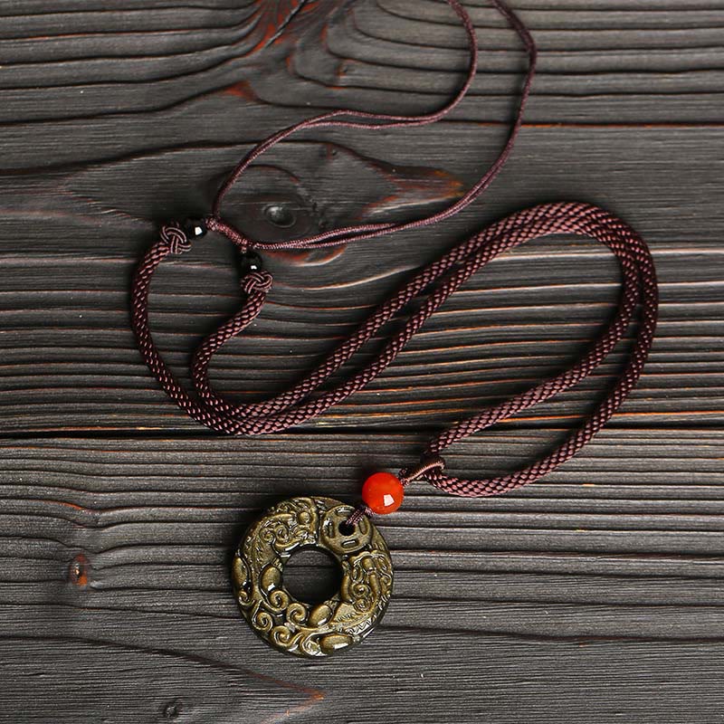 Fortune Jewel Gold Sheen Obsidian Peace Buckle Pixiu Copper Coin Wealth Necklace Pendant