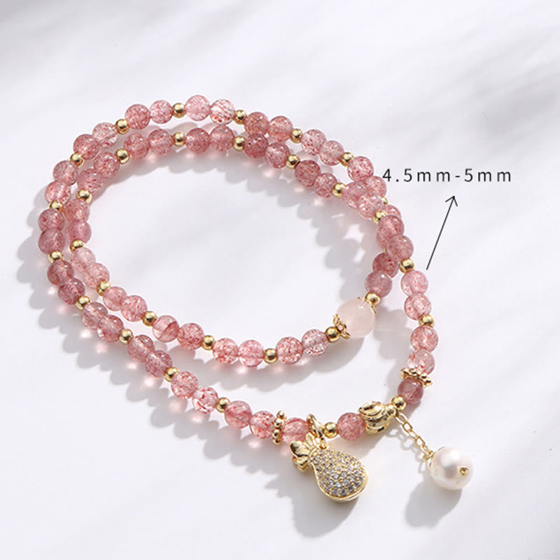 Fortune Jewel Strawberry Quartz Money Bag Positive Charm Double Wrap Bracelet