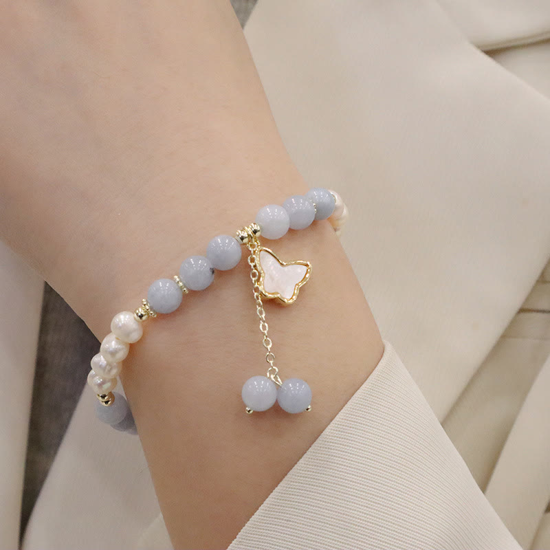 Fortune Jewel Natural Aquamarine Pearl Healing Ginkgo Leaf Butterfly Charm Bracelet