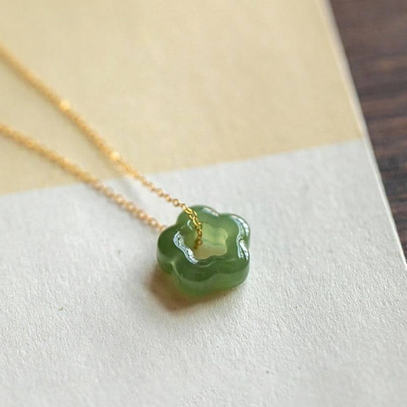 Fortune Jewel Dainty Hetian Jade Cyan Jade Luck Floral Charm Necklace Pendant