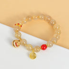 Fortune Jewel Natural Golden Rutilated Quartz Fu Character Charm Bell Wealth Bracelet