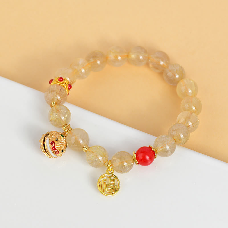 Fortune Jewel Natural Golden Rutilated Quartz Fu Character Charm Bell Wealth Bracelet