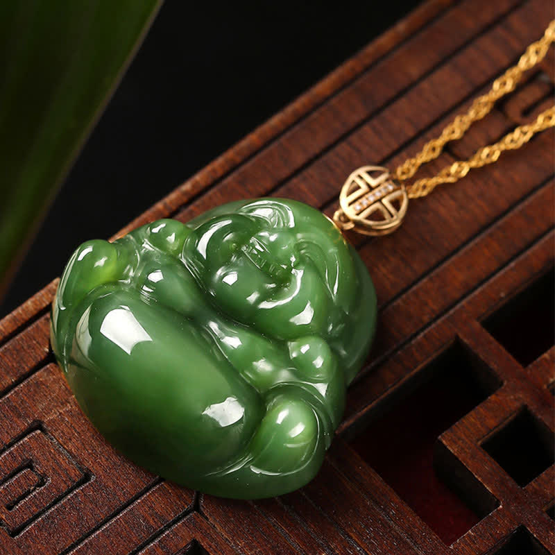 Fortune Jewel 925 Sterling Silver Laughing Buddha Hetian Cyan Jade 18K Gold Success Necklace Chain Pendant Fortune Jewel