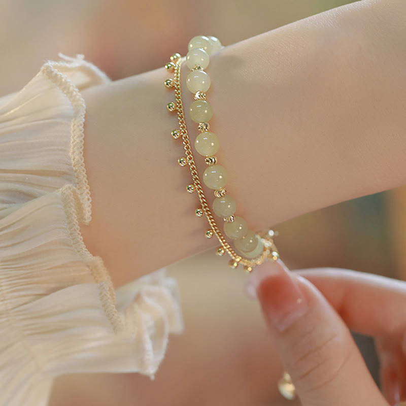 Fortune Jewel 14K Gold Plated 2 Layers Hetian Jade Bead Luck Prosperity Bracelet