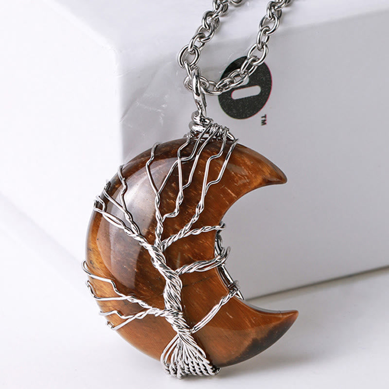Fortune Jewel Natural Quartz Crystal Moon Tree Of Life Healing Energy Necklace Pendant