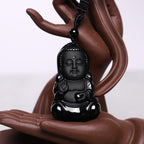 Fortune Jewel Natural Black Obsidian Crystal Buddha Strength Protection Amulet Lucky Charm Pendant Necklace