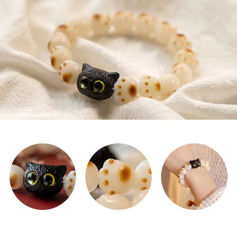 Fortune Jewel Natural Bodhi Seed Red Sandalwood Lovely Paw Lucky Cat Peace Bracelet