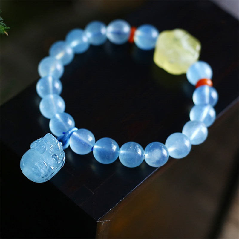 Fortune Jewel Natural Aquamarine Amber Pixiu Peace Healing Charm Bracelet