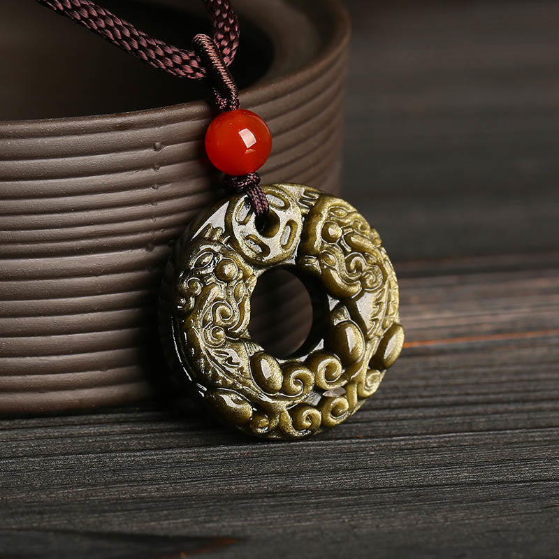 Fortune Jewel Gold Sheen Obsidian Peace Buckle Pixiu Copper Coin Wealth Necklace Pendant