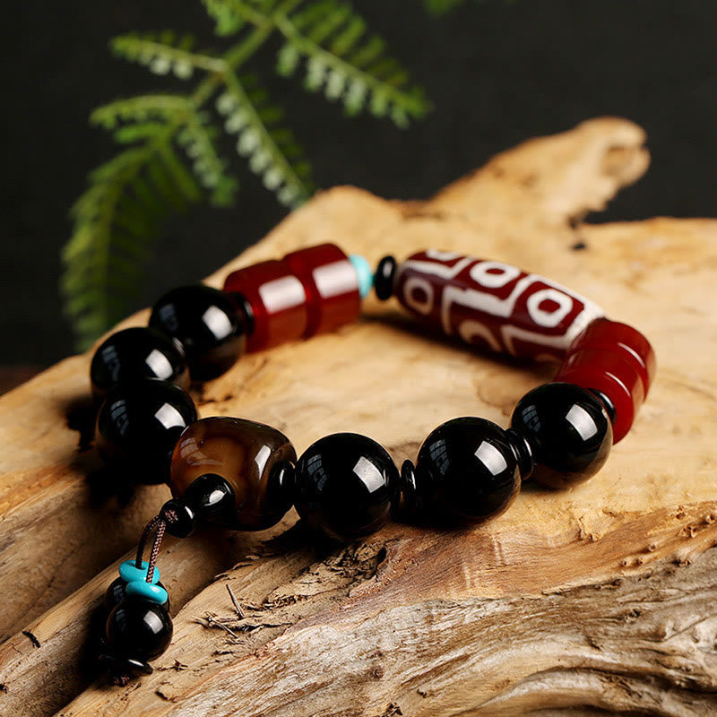 Fortune Jewel Tibetan Nine-Eye Dzi Bead Black Onyx Wealth Protection Bracelet