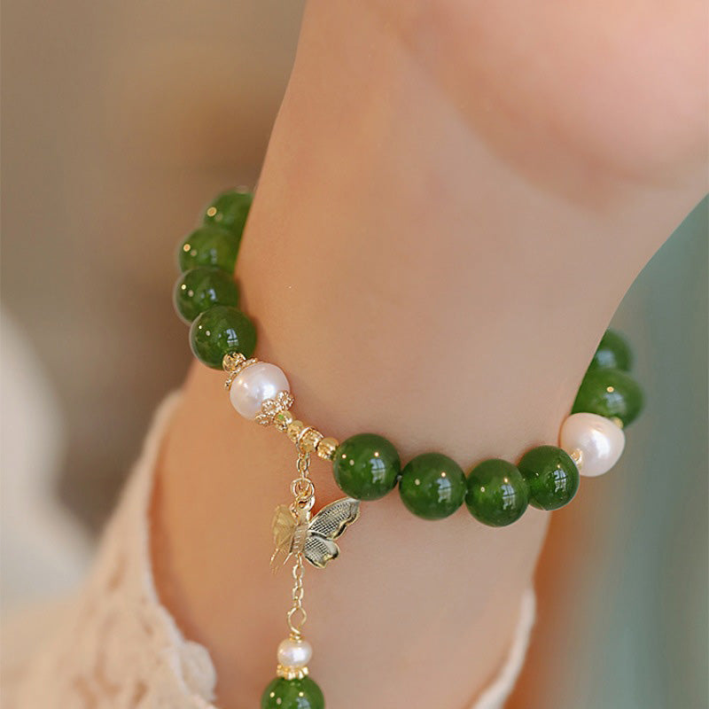 Fortune Jewel Natural Green Chalcedony Pearl Butterfly Courage Strength Bracelet