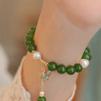 Fortune Jewel Natural Green Chalcedony Pearl Butterfly Courage Strength Bracelet
